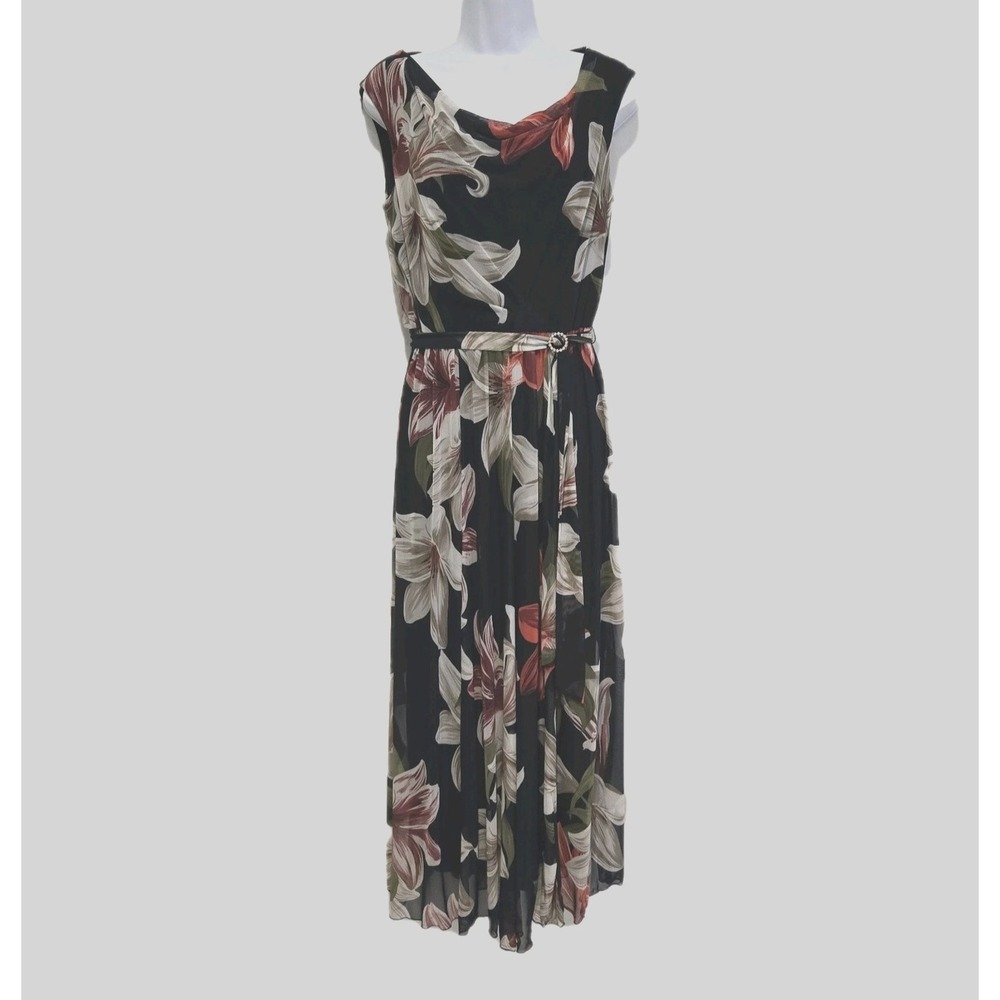 ALEXA B Nites Dark Navy Floral Maxi Women's Lined Dress Sash Belt ‎ w/ Broach 10